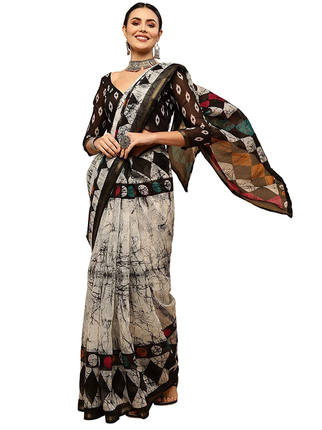 Urban Wardrobe Printed Black and Cream Cotton Saree