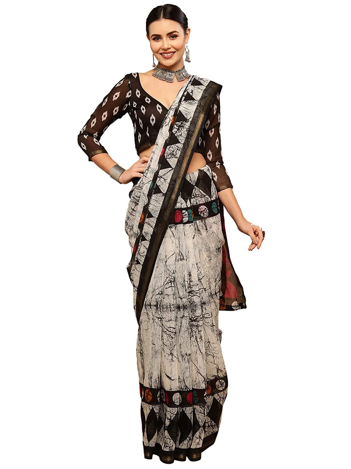 Urban Wardrobe Printed Black and Cream Cotton Saree