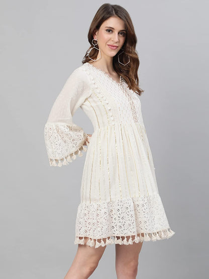 Urban Wardrobe's Off White Ethnic Motifs Fit and Flare Dress
