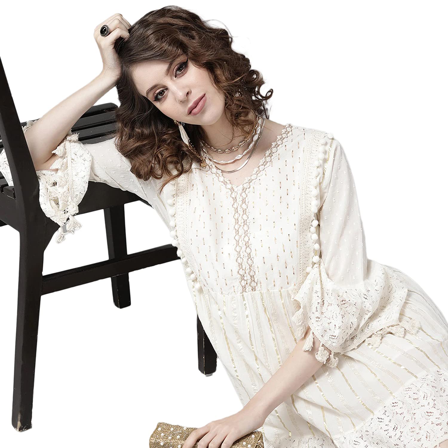 Urban Wardrobe's Off White Ethnic Motifs Fit and Flare Dress