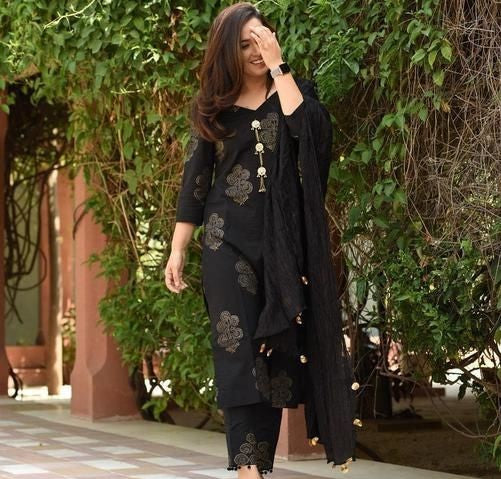 Women's Black Block Printed Kurta Set