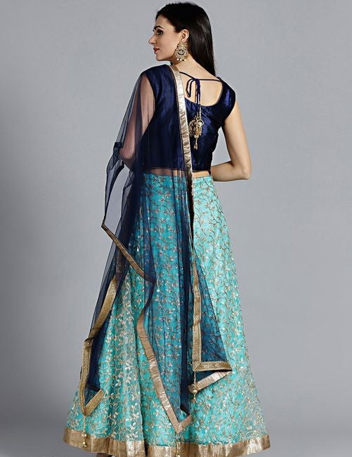 Sea Green and Navy Blue Stylish Net Lehenga