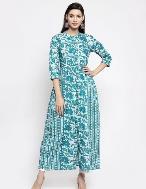 Cotton Turquoise Abstract Printed Kurta Set