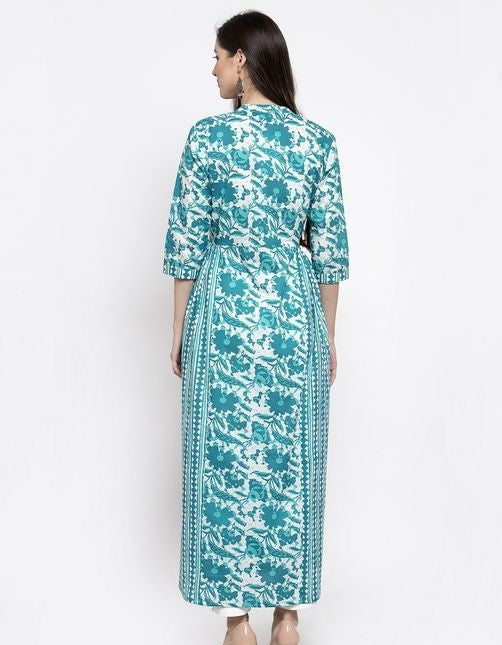 Cotton Turquoise Abstract Printed Kurta Set