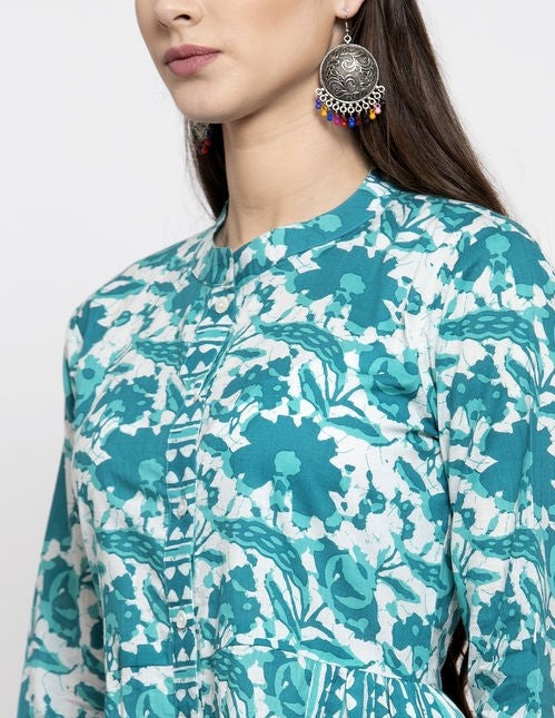 Cotton Turquoise Abstract Printed Kurta Set