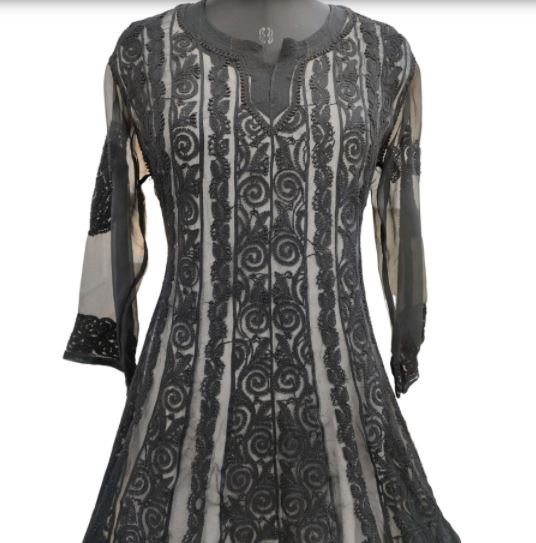 Hand Embroidered Black Georgette Chikankari Anarkali Kurti