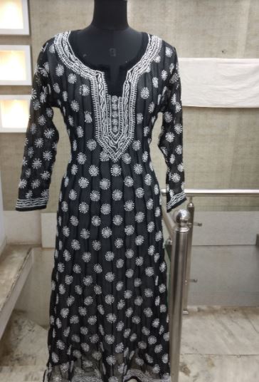 Hand Embroidered Black Georgette Chikankari Anarkali Kurti