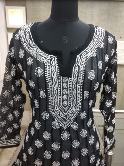 Hand Embroidered Black Georgette Chikankari Anarkali Kurti