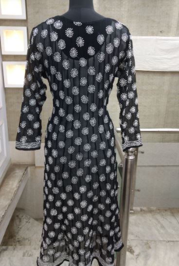 Hand Embroidered Black Georgette Chikankari Anarkali Kurti