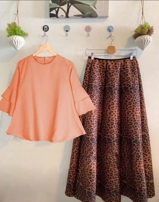 Brown and Peach Floral Top and Skirt
