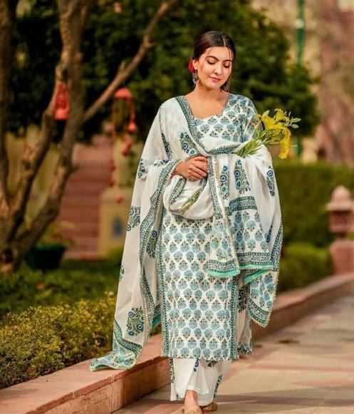 WOMEN'S WHITE PRINTED KURTA SET
