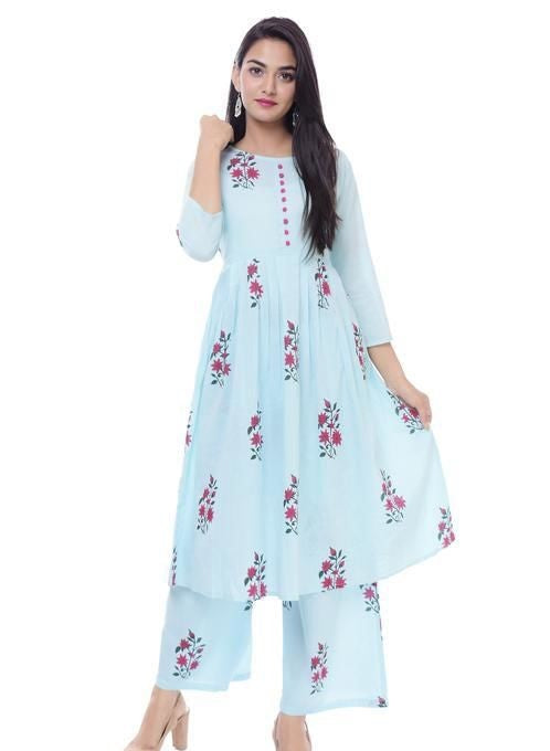 Women's Light Blue Printed Kurta Set with Palazzos