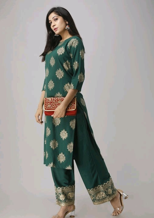 WOMEN'S BOTTLE GREEN BLOCK PRINTED KURTA SET