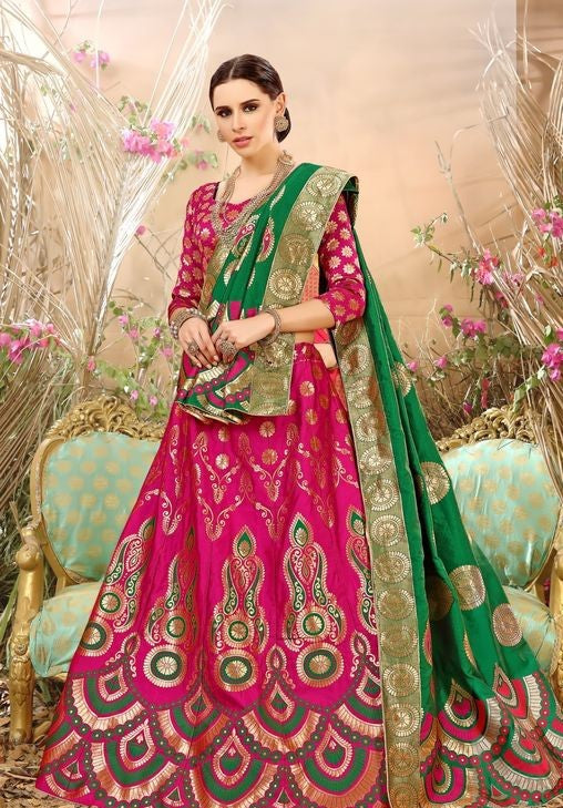 PINK AND GREEN BANARASI SILK LEHENGA CHOLI