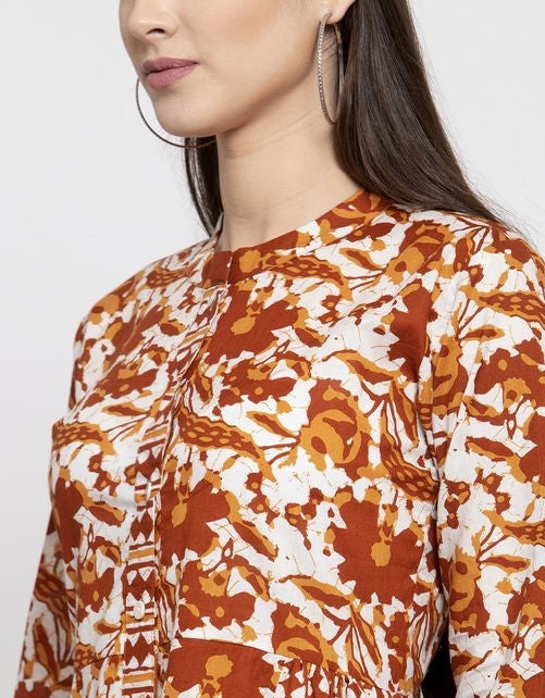 Cotton Brown Abstract A-line Kurta Set