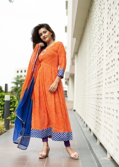 Urban Wardrobe's Women's Orange and Blue Georgette Kurta Set