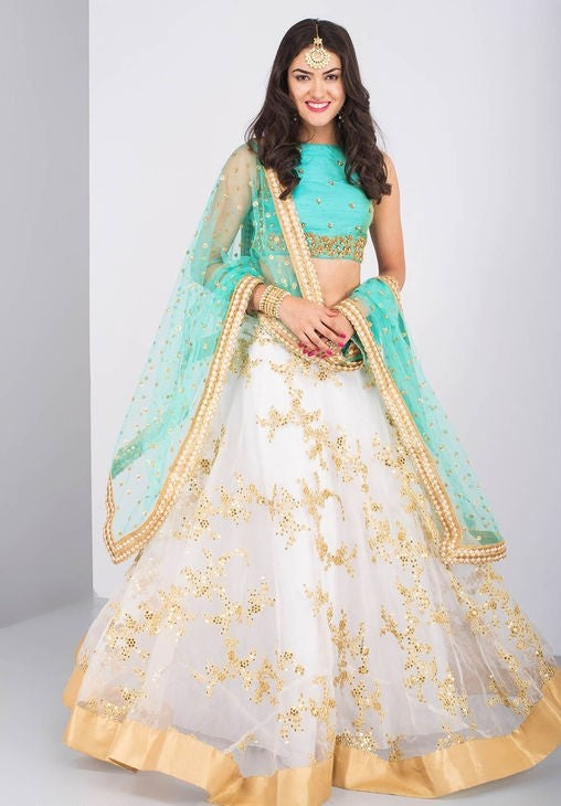 SEA GREEN AND WHITE NET LEHENGA