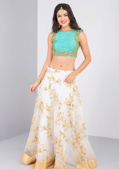 SEA GREEN AND WHITE NET LEHENGA