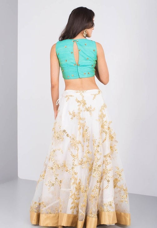SEA GREEN AND WHITE NET LEHENGA