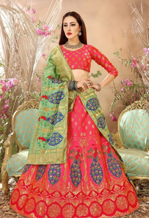 GREEN AND PEACH BANARASI SILK LEHENGA