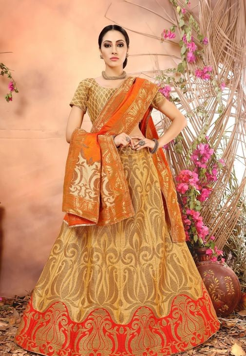 Orange and Beige Banarasi Silk Lehenga