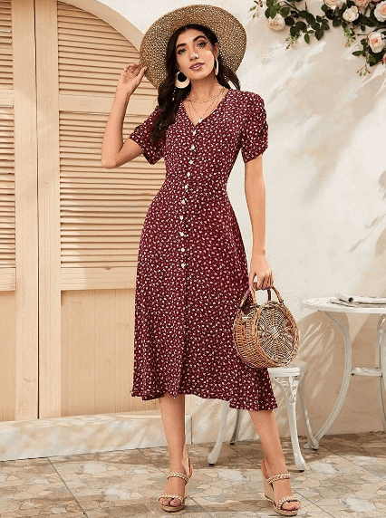 Urban Wardrobe's Buttoned Floral A Line Printed Dress