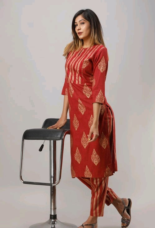 WOMEN'S RED BLOCK PRINTED KURTA SET