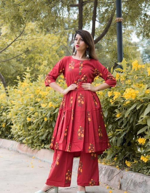 Urban Wardrobe's Red Printed Cotton Kurta Set