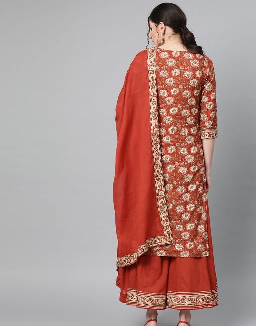 Women's Cotton Brown Kalamkari Printed A-line Kurta Palazzo Dupatta Set