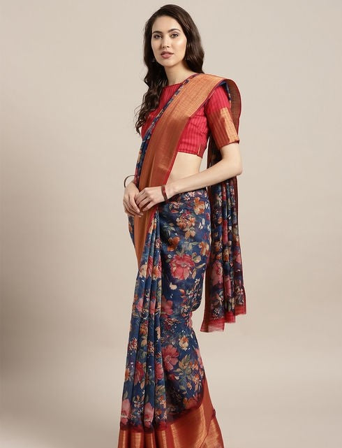 Floral printed Blue Linen Saree