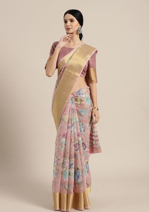 Women's Floral Printed Pink Linen Saree