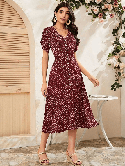 Urban Wardrobe's Buttoned Floral A Line Printed Dress