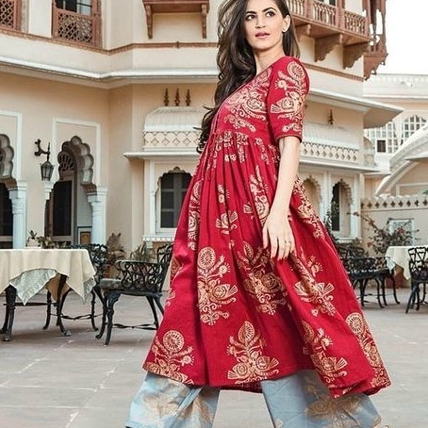 Women Red Golden Printed Anarkali Kurta