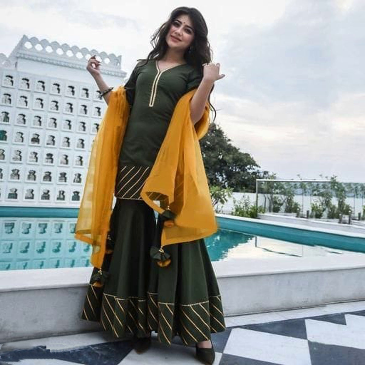 Beautiful Women Bottle Green Sharara Set