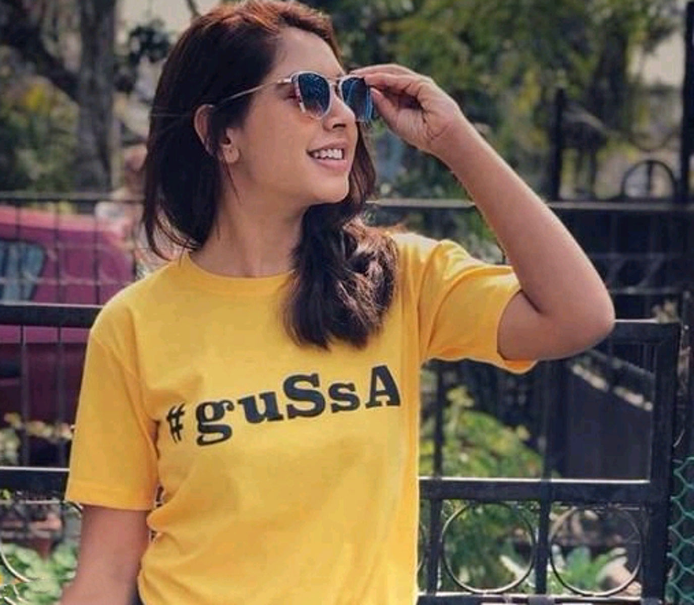 Women Black & Yellow Printed Regular Fit Round Neck T-shirt