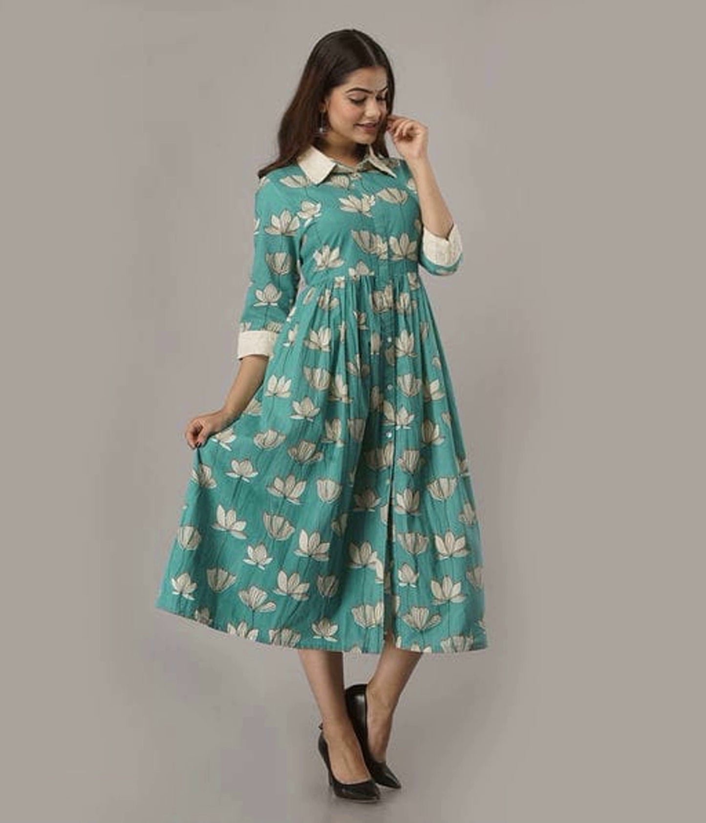 Sea Green Printed Cotton A-line Shirt Dress