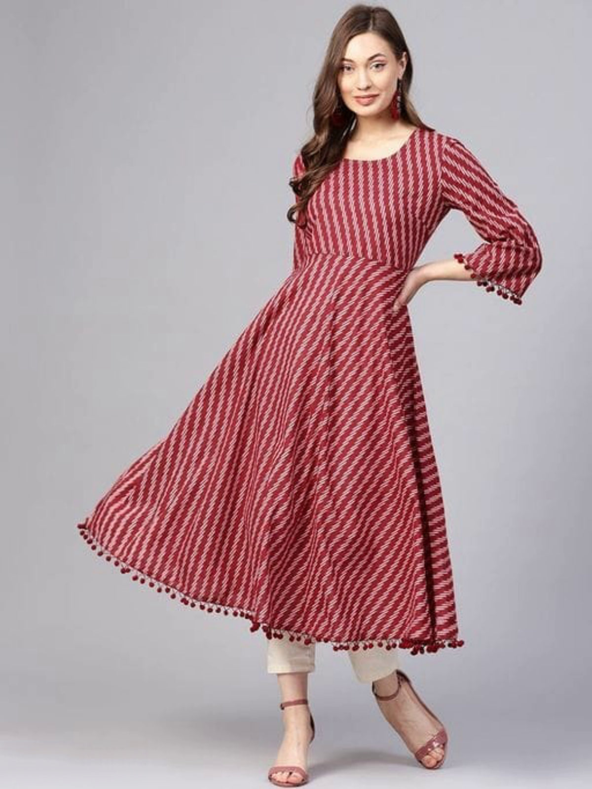 Women's Striped Printed Cotton Kurta