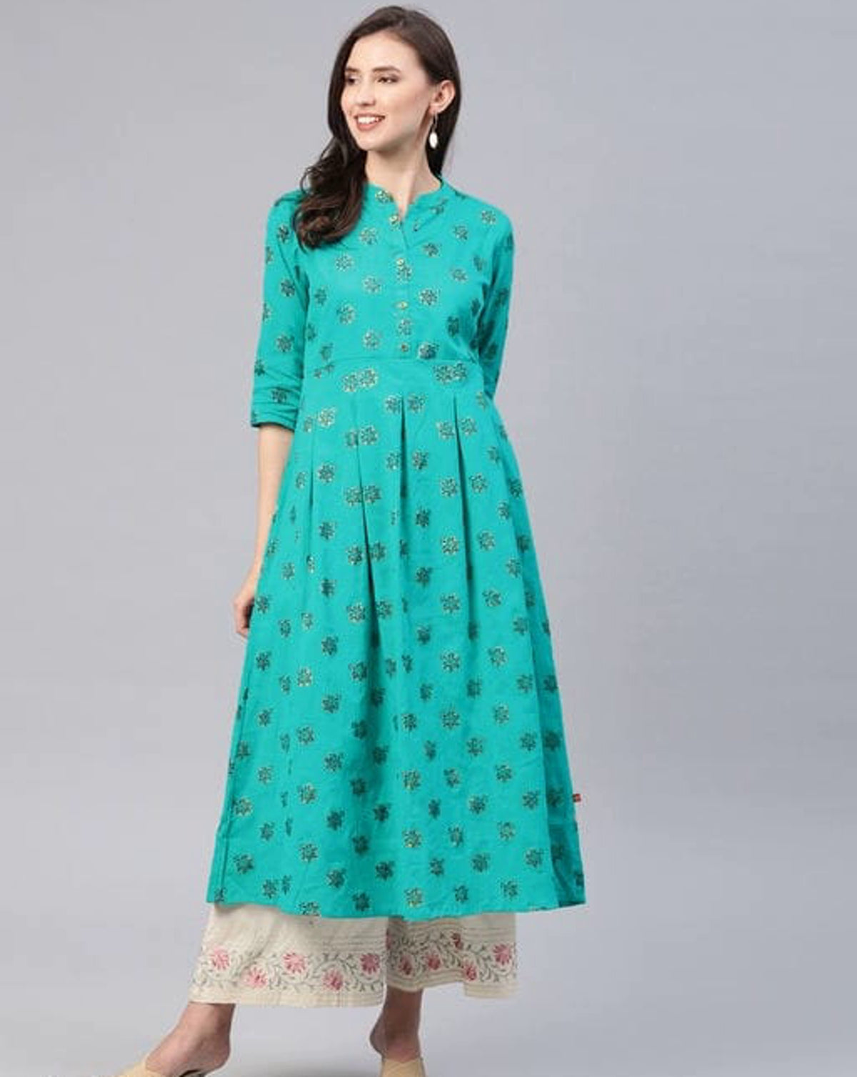 Women's Floral Printed Cotton Aqua Kurta