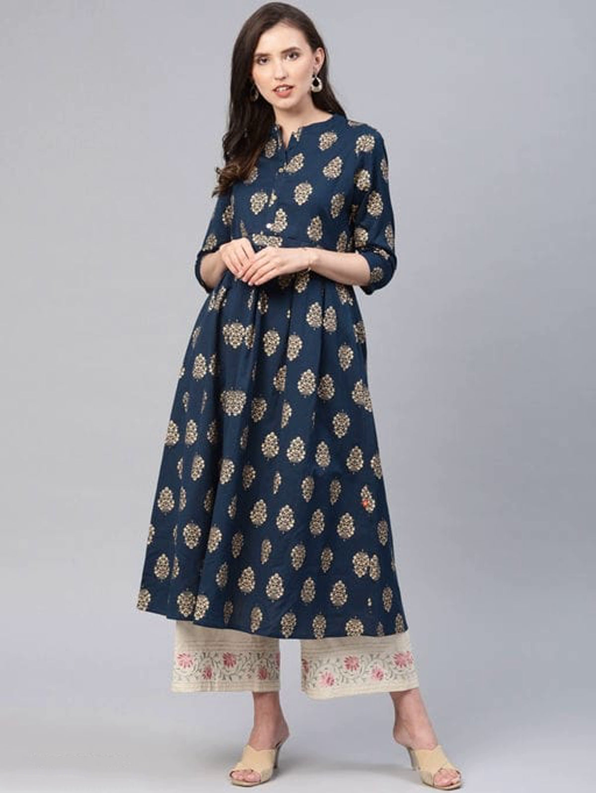 Women's Printed Navy Blue Anarkali Cotton Kurta