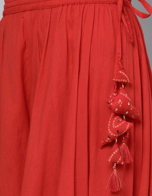 Women's Cotton Red Embroidered Kurta Sharara Set