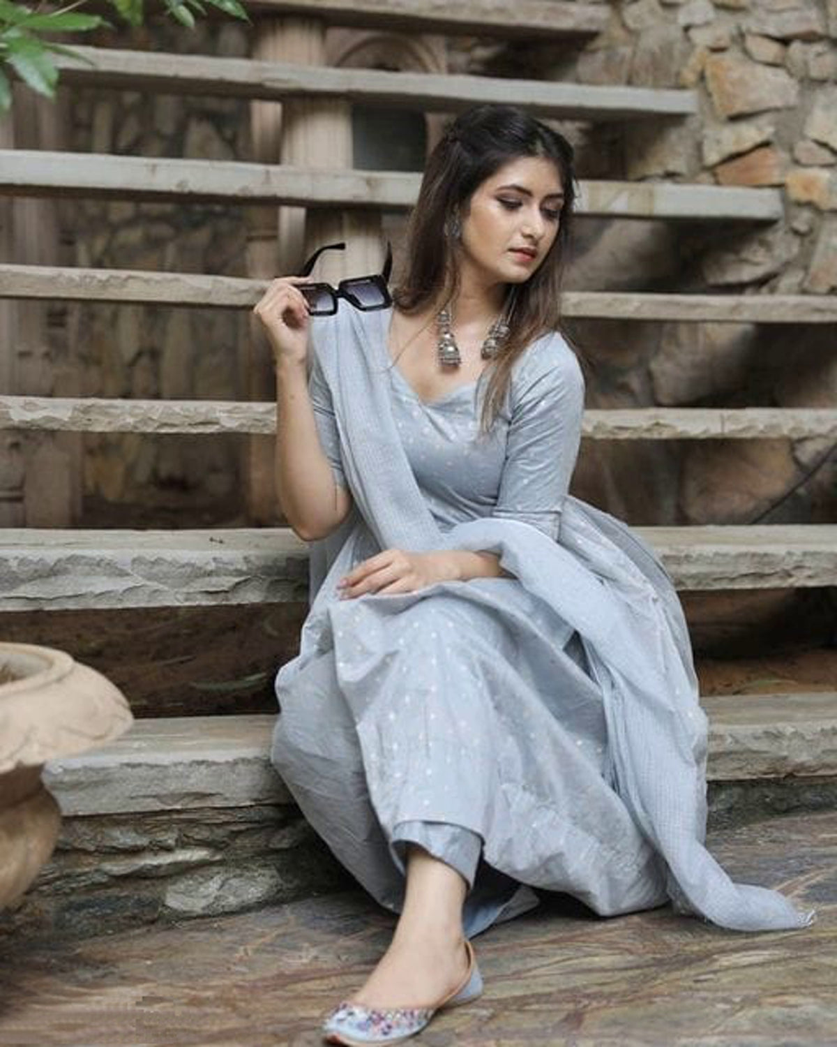 Women's Printed Gray Cotton Kurta Set with Pants