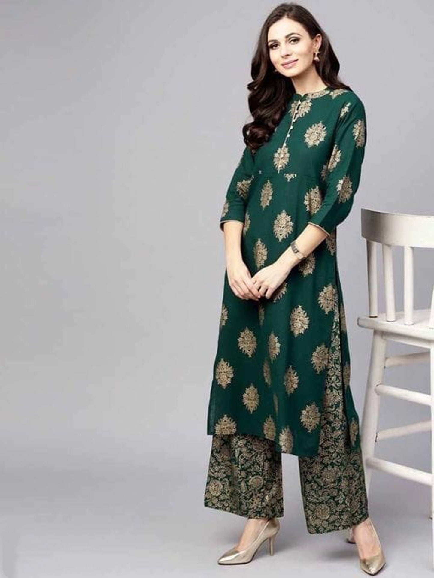 Floral Green and Golden Printed Kurta Set