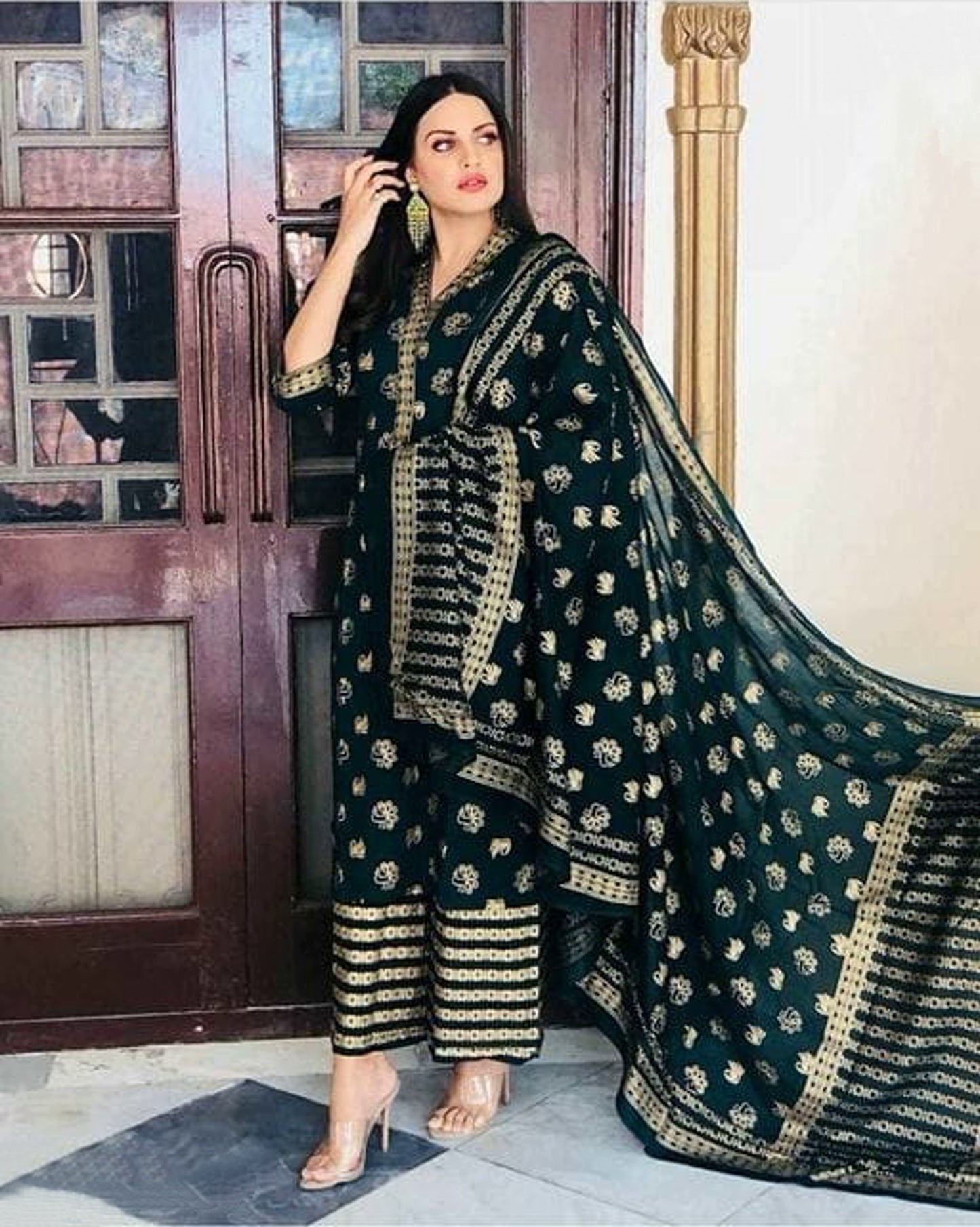 Women's Dark Green Cotton Printed Kurta Set