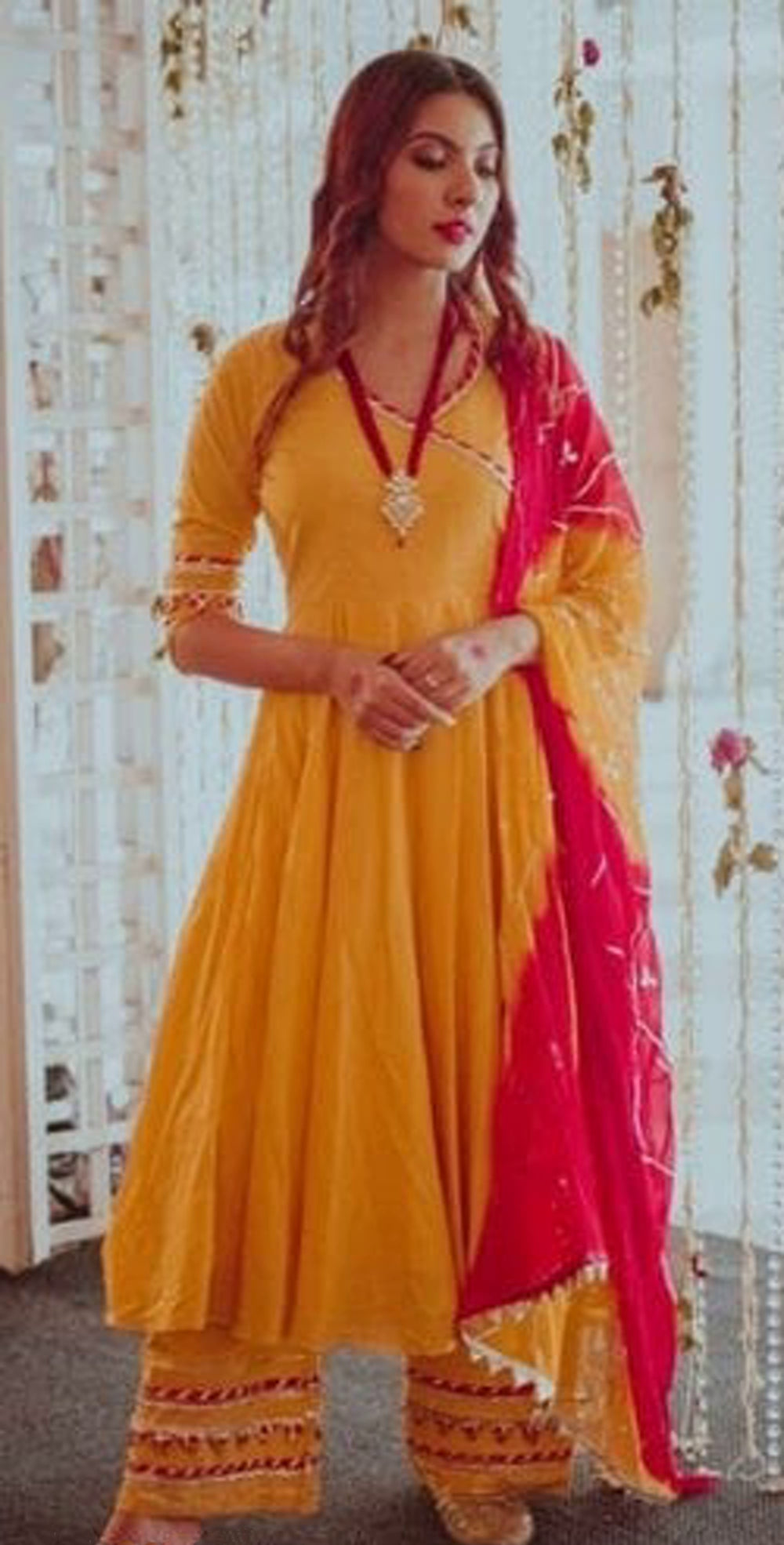 Women's Mustard Anarkali Gotta Work Cotton Kurta Set