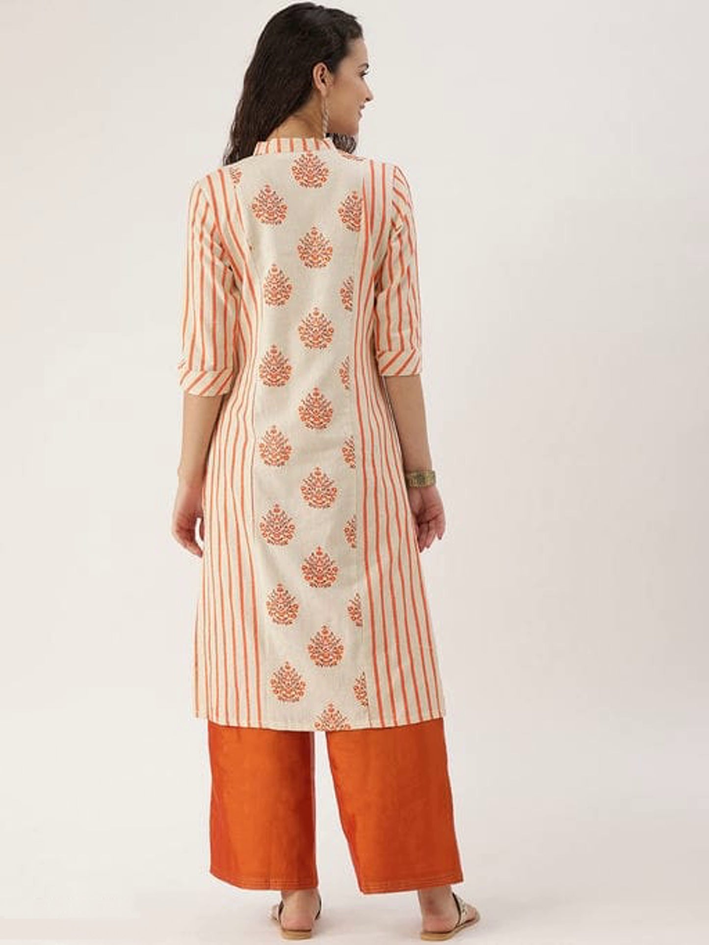 Beautiful Orange and Cream Printed Cotton Kurta