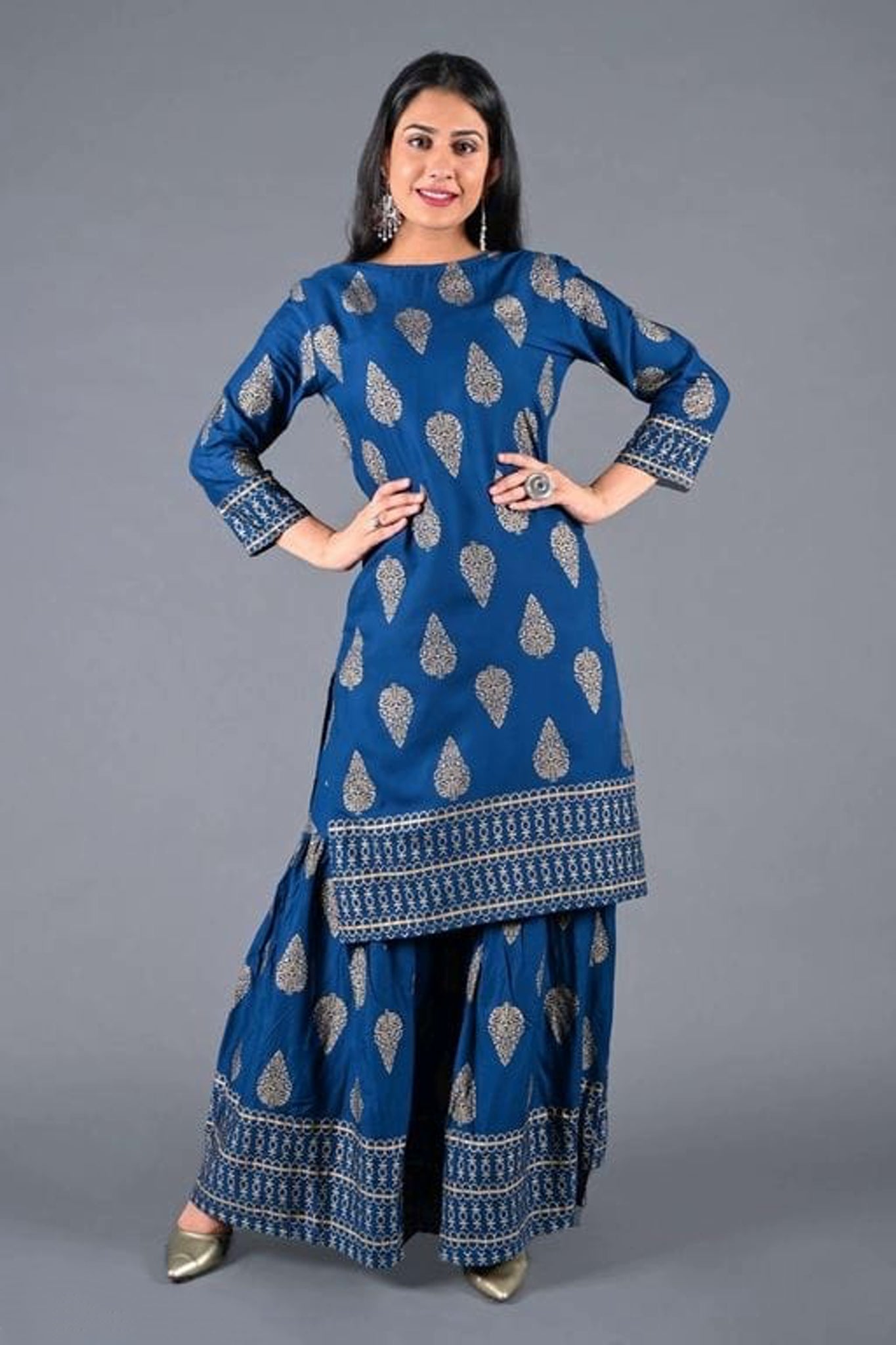 Women's Navy Blue Printed Kurta with Sharara Set