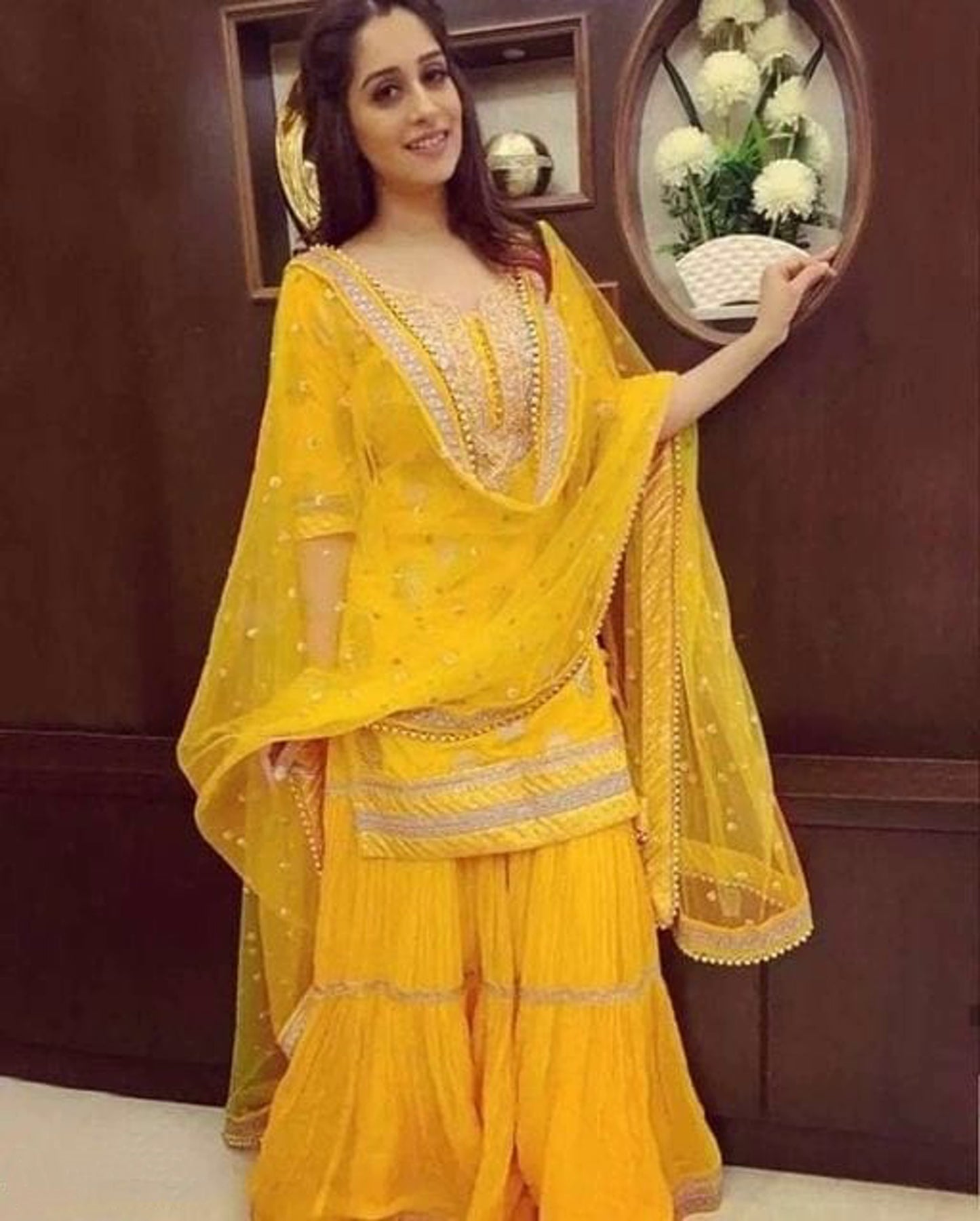 Women's Designer Yellow Lace Work Sharara Set with Dupatta
