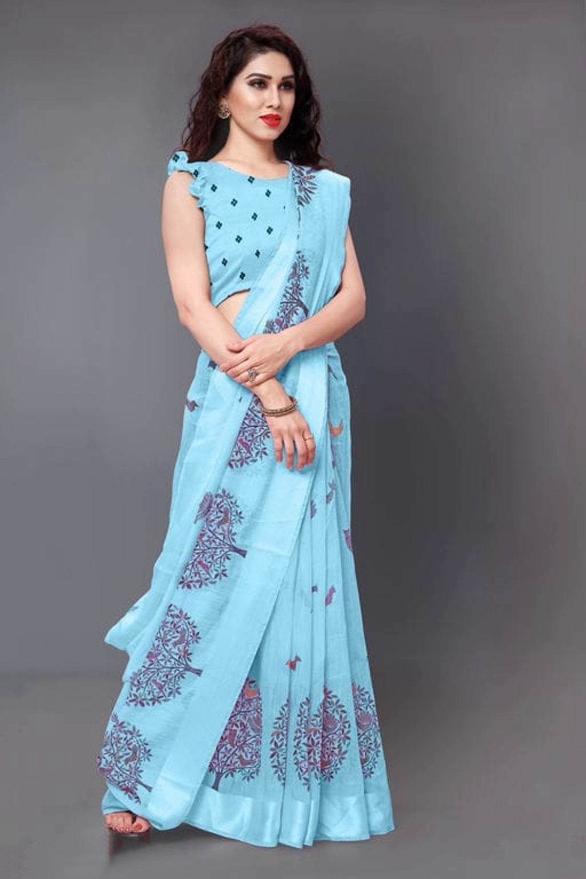 Sky Blue Cotton Printed Saree