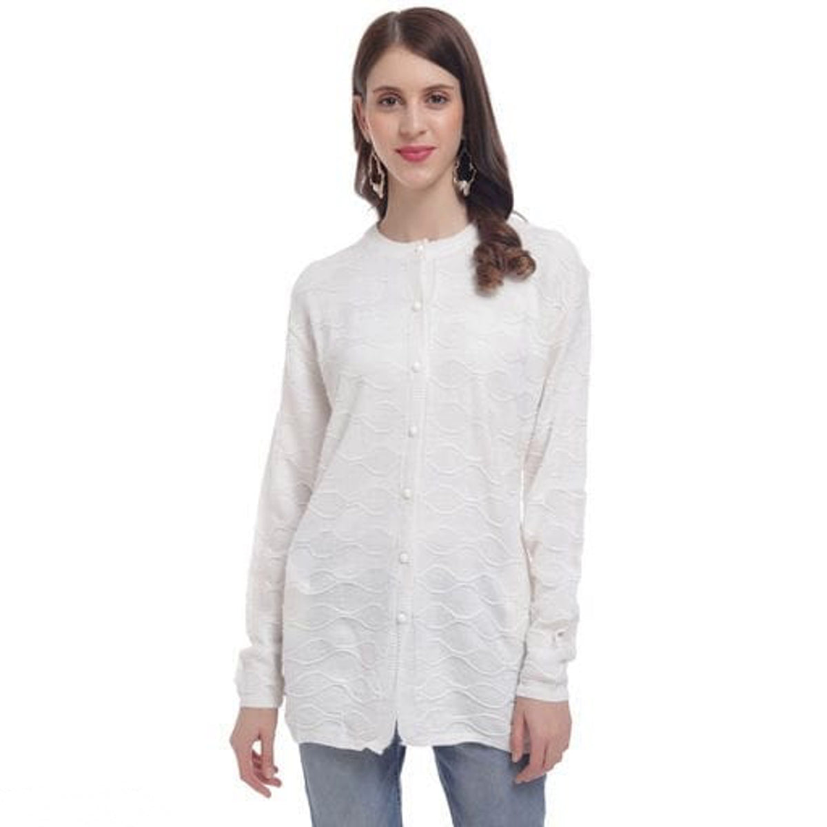 Women White Self Design Front-Open Sweater