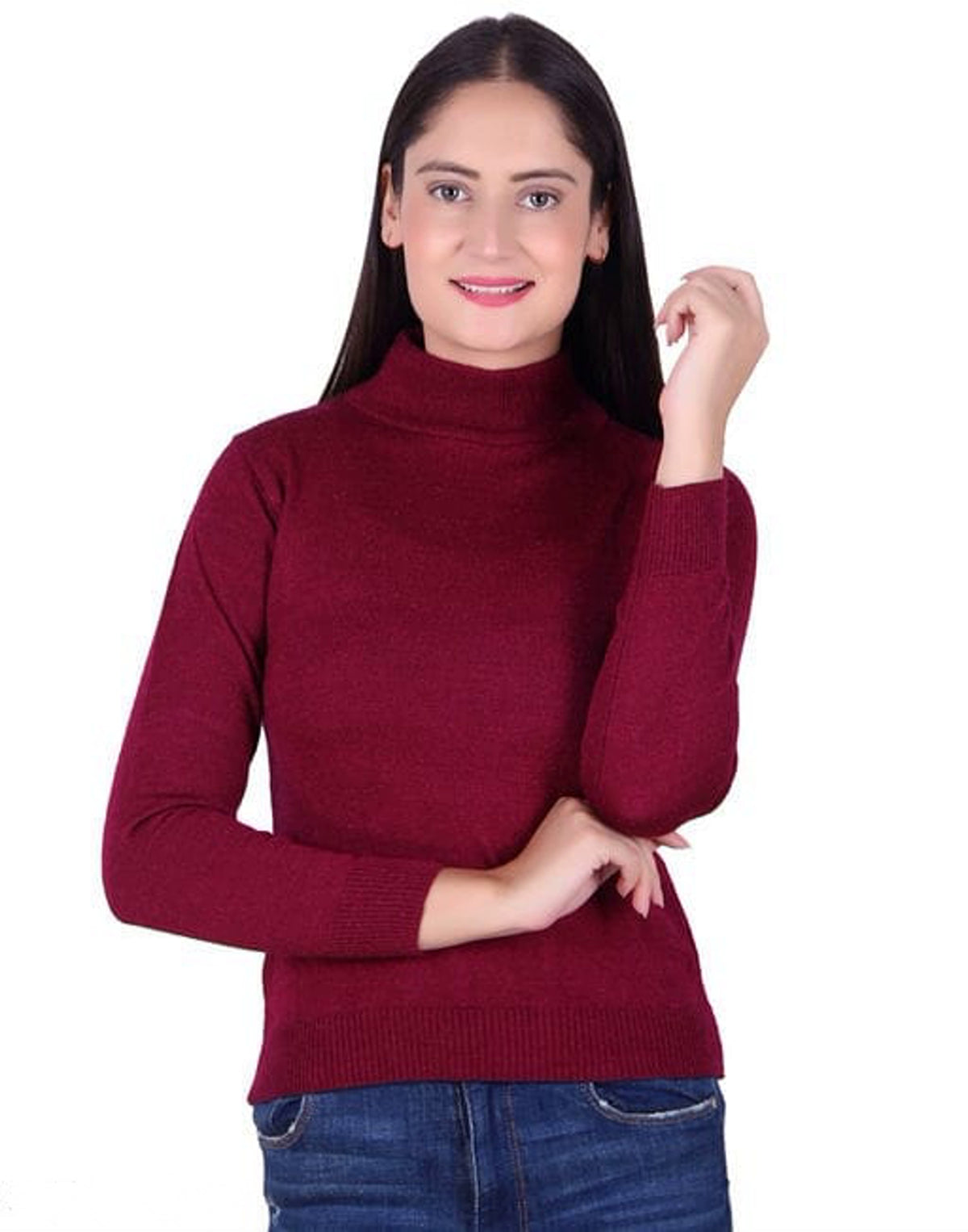 High Neck Sweater Maroon Girls Sweater Women's Maroon Self Design